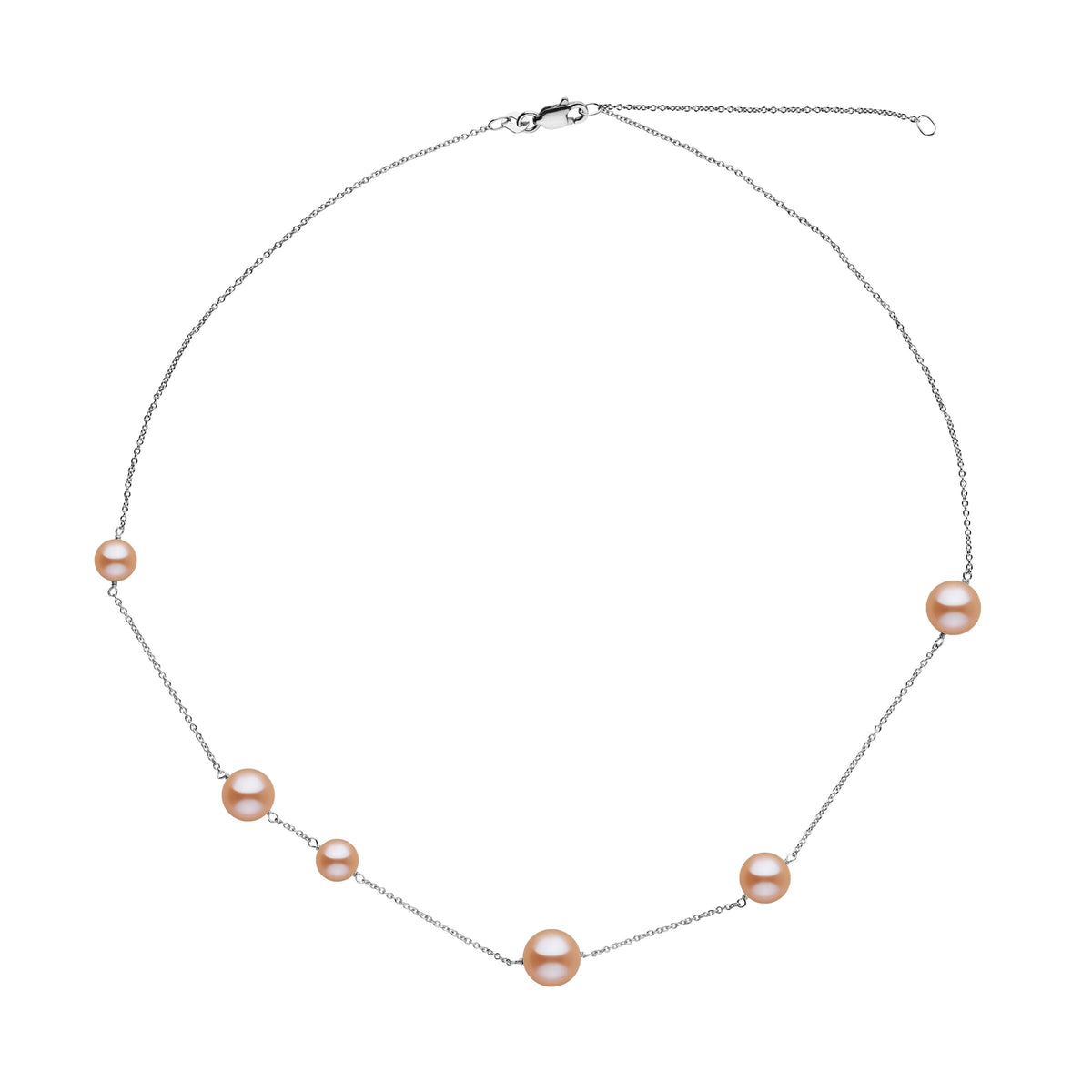 Luna Collection Pink Freshadama Pearl Necklace featuring a delicate silver chain with spaced pink freshwater pearls in varying sizes for an elegant, modern look.