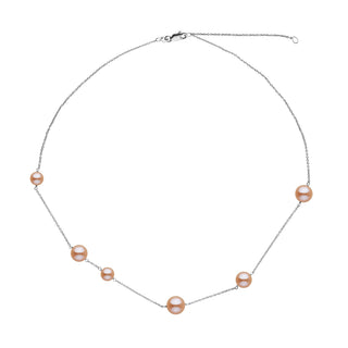 Luna Collection Pink Freshadama Pearl Necklace featuring a delicate silver chain with spaced pink freshwater pearls in varying sizes for an elegant, modern look.