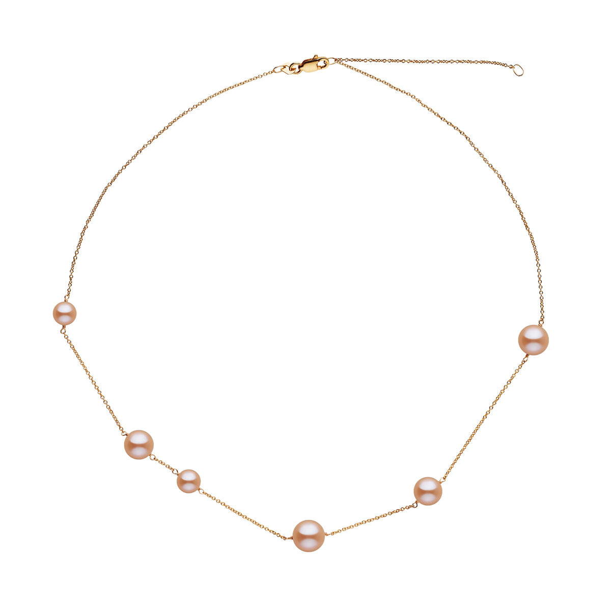 Luna Collection Pink Freshadama Pearl Necklace featuring six pink freshwater pearls spaced evenly on a delicate yellow gold chain.