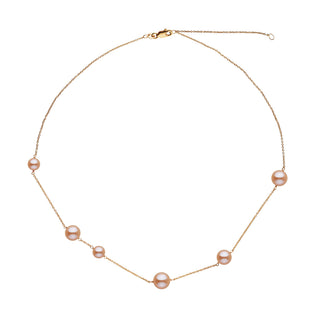 Luna Collection Pink Freshadama Pearl Necklace featuring six pink freshwater pearls spaced evenly on a delicate yellow gold chain.