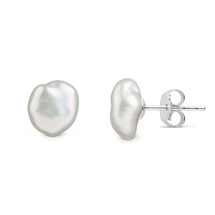 7.0-8.0 mm Keshi Metallic White Freshwater Pearl Stud Earrings White Gold