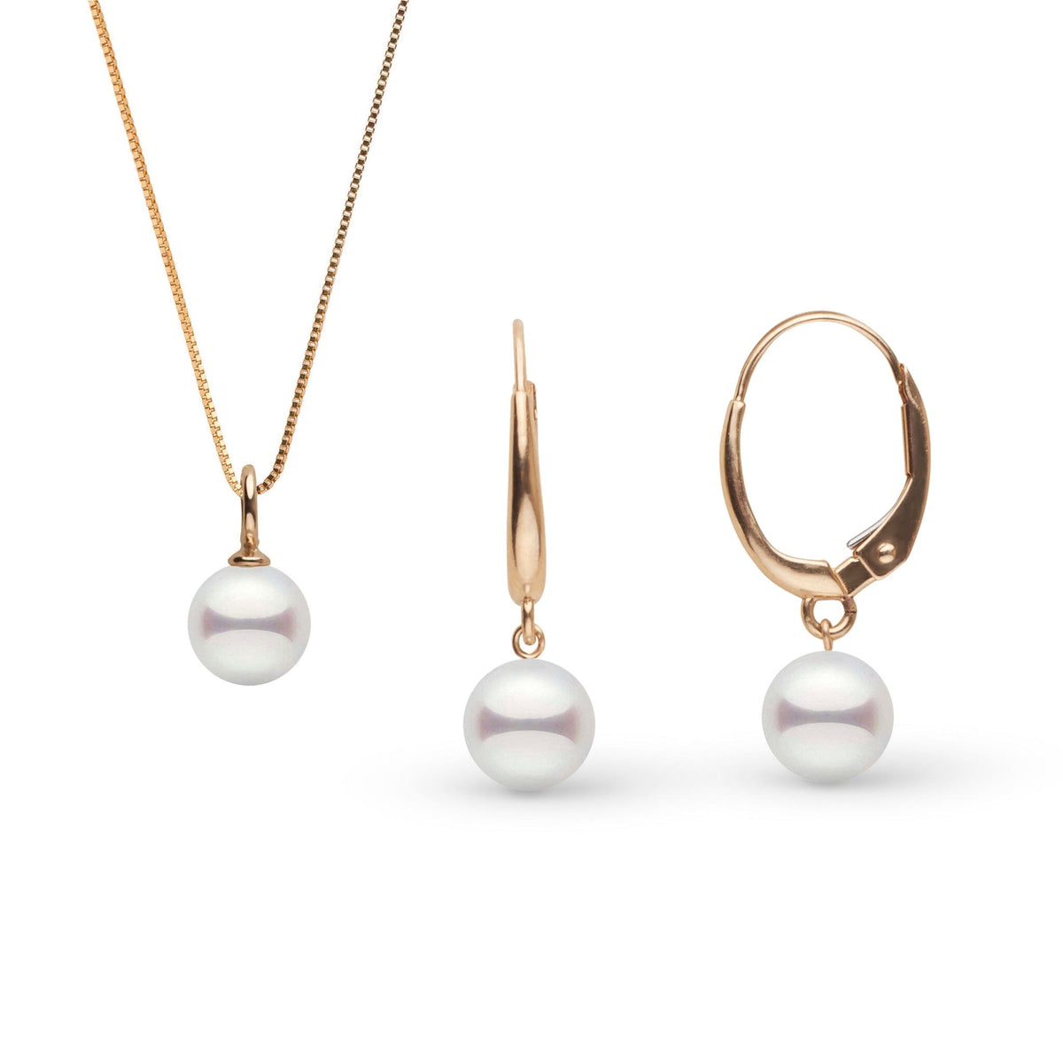 7.0-7.5 mm Akoya Pearl Muse Collection Pendant and Earrings Set featuring white akoya pearls on elegant gold chains and leverback earring hooks for a classic look.