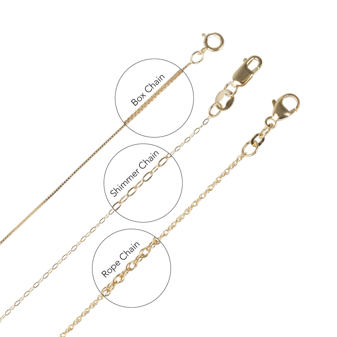 Box chain, shimmer chain and rope chain options for pearl pendants