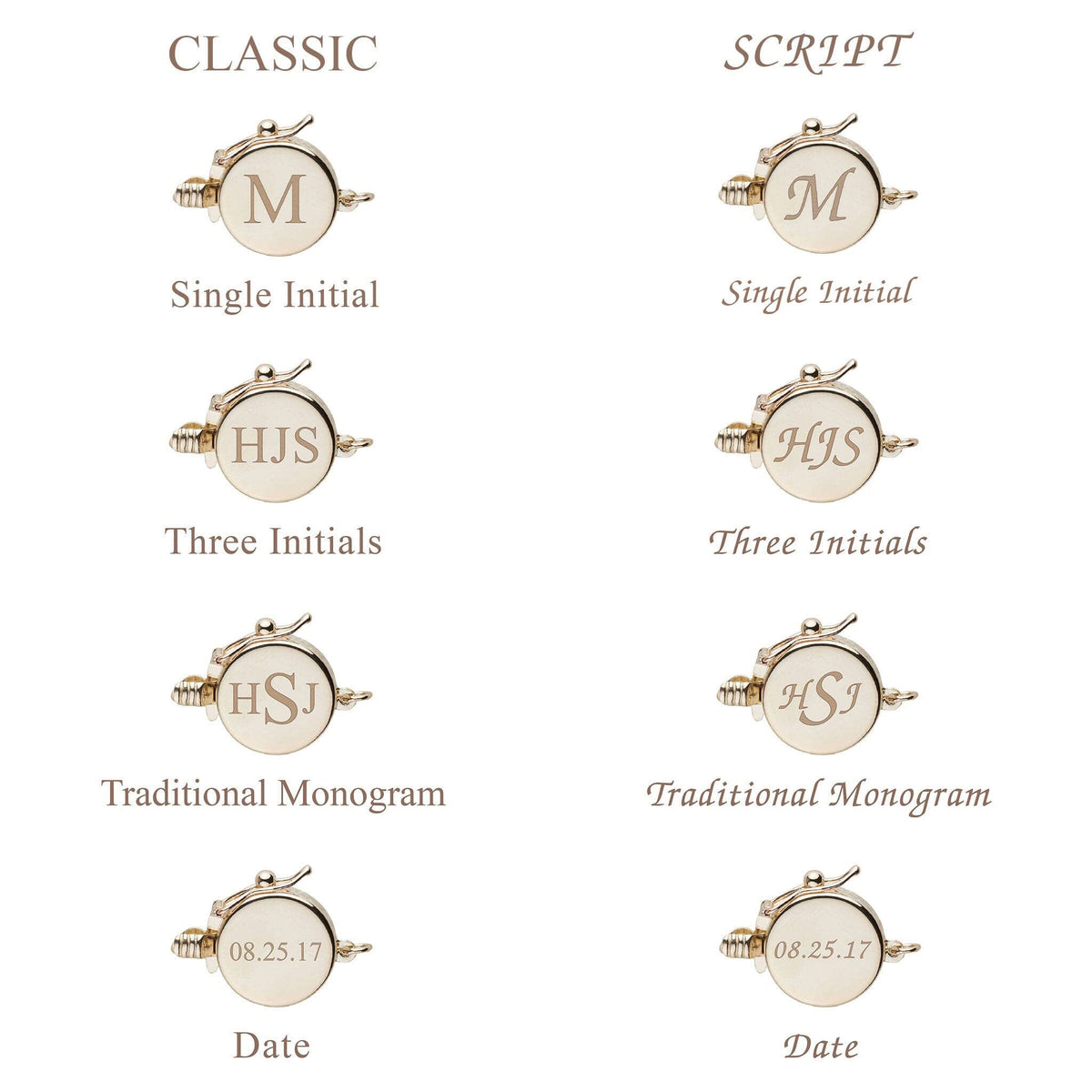 Six circle clasps in gold tone with engraving options including single initial, three initials, traditional monogram, and date in classic and script fonts for the Personalized 18 Inch 7.5-8.0 mm Hanadama Akoya Pearl Circle Clasp Necklace.