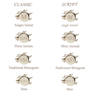 Personalized 7.5-8.0 mm AAA White Freshwater Pearl Double Strand Circle Clasp Bracelet showing engraving styles including classic and script options for initials, monograms, and dates on the clasp.