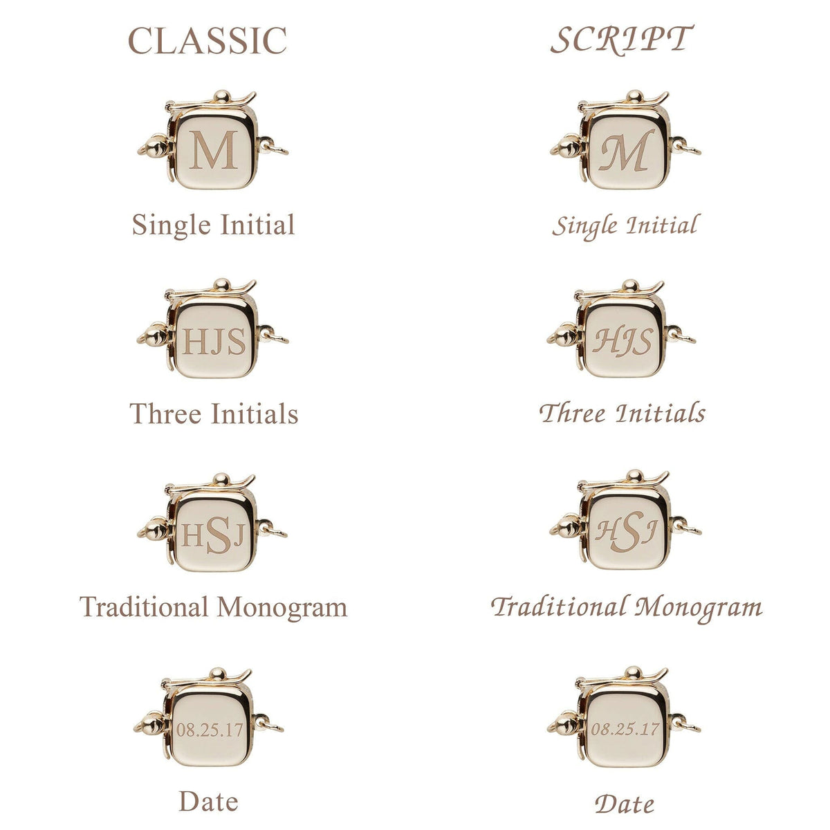 Personalized 7.5-8.0 mm AAA White Freshwater Pearl Square Clasp Bracelet showing options for classic and script font styles including single initial, three initials, traditional monogram, and date engraving.
