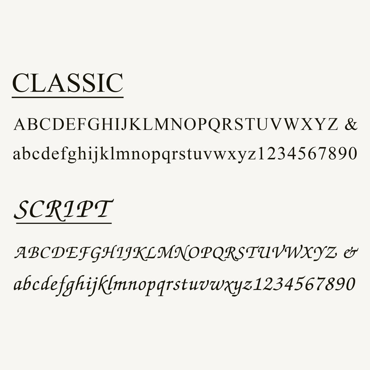 Font style samples showing classic serif and cursive script alphabets with numbers on a beige background for Personalized 7.5-8.0 mm AAA White Freshwater Pearl Square Clasp Bracelet customization.