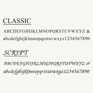 Font style samples showing classic serif and cursive script alphabets with numbers on a beige background for Personalized 7.5-8.0 mm AAA White Freshwater Pearl Square Clasp Bracelet customization.