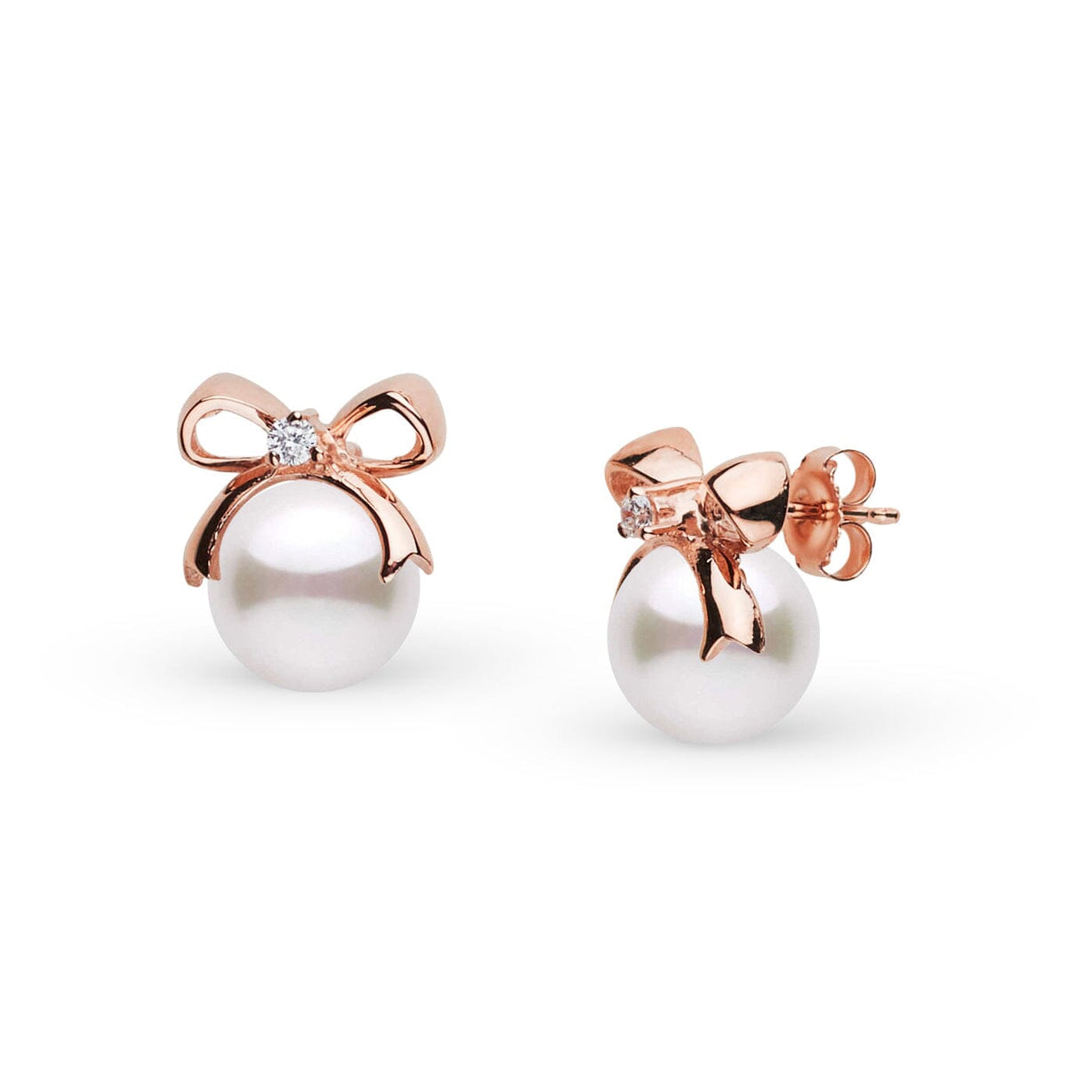 Perfect Gift Collection 7.0-7.5 mm Akoya Pearl and Diamond Earrings featuring round white akoya pearls accented with rose gold bows and small sparkling diamonds.