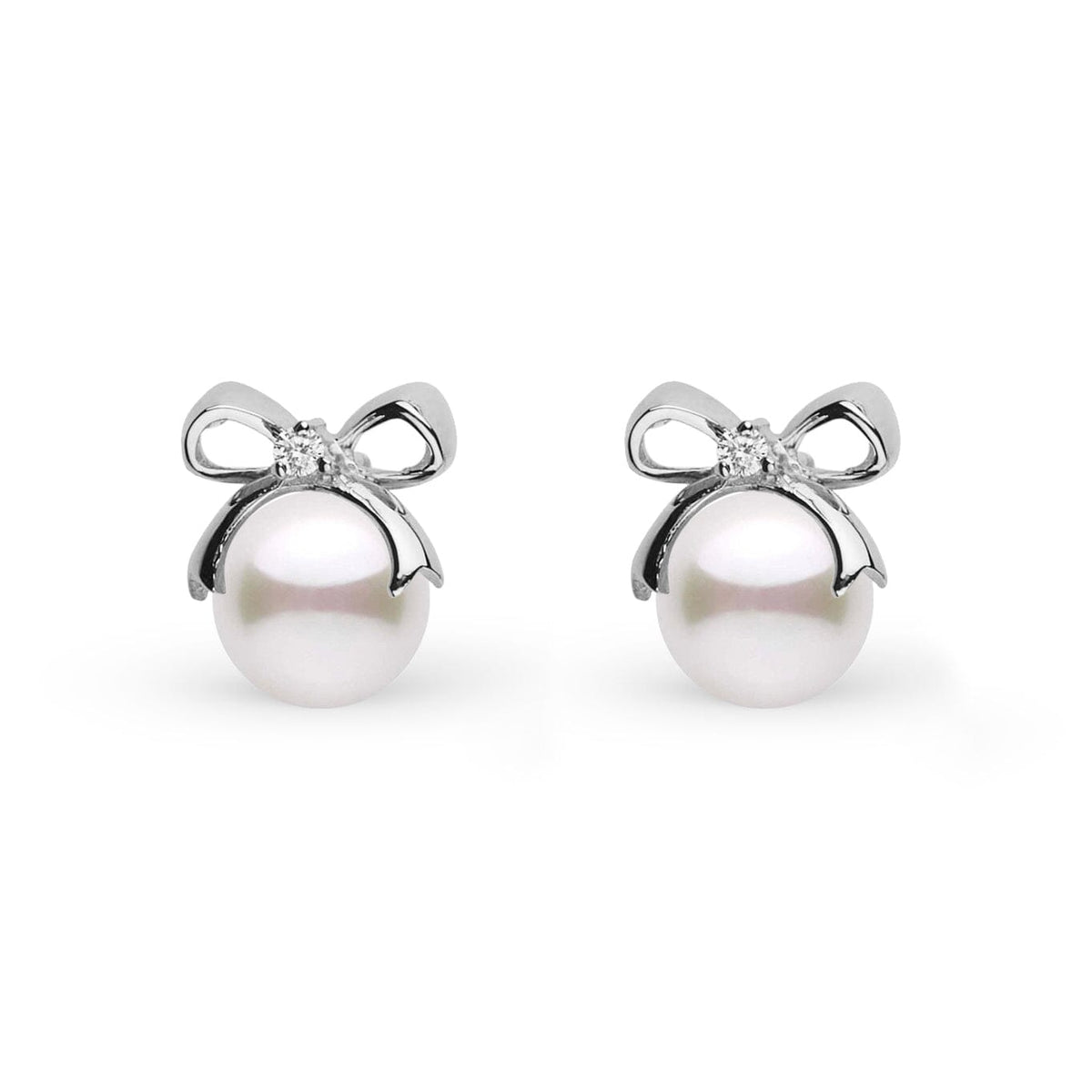 Pair of Perfect Gift Collection 7.0-7.5 mm Akoya Pearl and Diamond Earrings featuring white pearls with delicate bow-shaped settings and small sparkling diamonds.