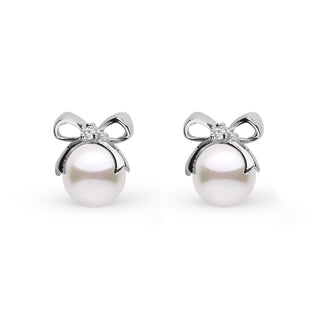 Pair of Perfect Gift Collection 7.0-7.5 mm Akoya Pearl and Diamond Earrings featuring white pearls with delicate bow-shaped settings and small sparkling diamonds.