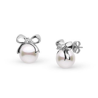 Perfect Gift Collection 7.0-7.5 mm Akoya Pearl and Diamond Earrings featuring lustrous white Akoya pearls set with delicate diamond accents and elegant 14K white gold bow designs.