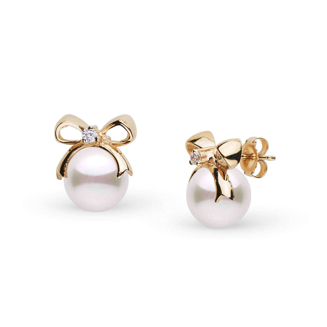 Perfect Gift Collection 7.0-7.5 mm Akoya Pearl and Diamond Earrings yellow gold front and side