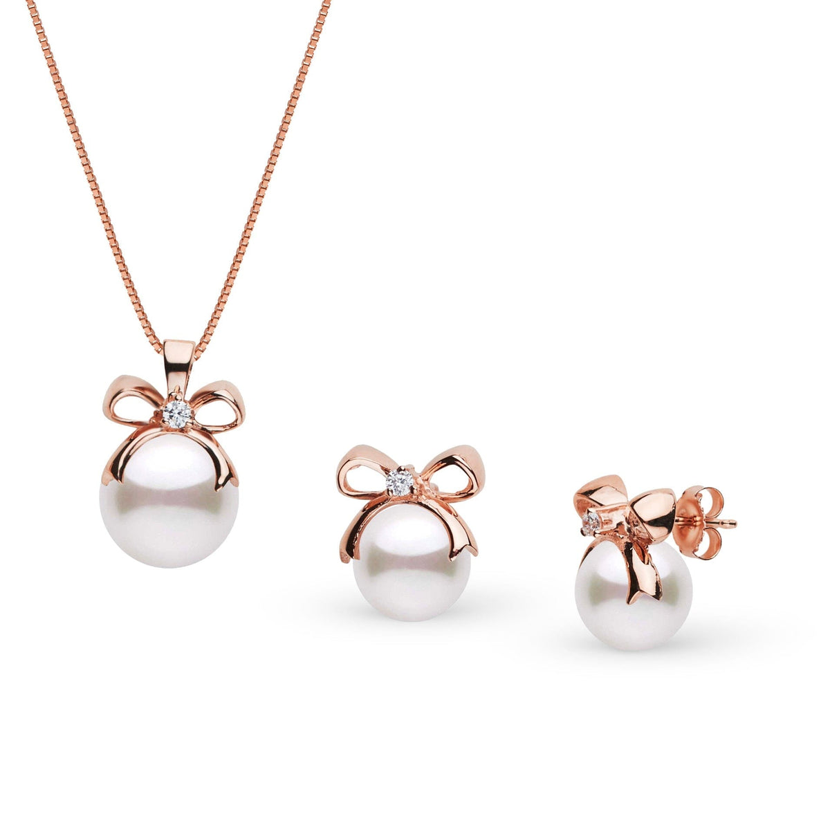 Perfect Gift Collection 7.0-9.0 mm Akoya Pearl and Diamond Pendant and Earrings Set featuring white Akoya pearls with rose gold bow accents and sparkling diamonds.
