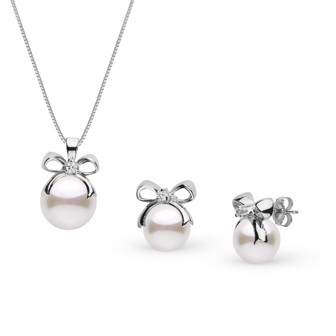 Perfect Gift Collection 7.0-9.0 mm Akoya Pearl and Diamond Pendant and Earrings Set white gold