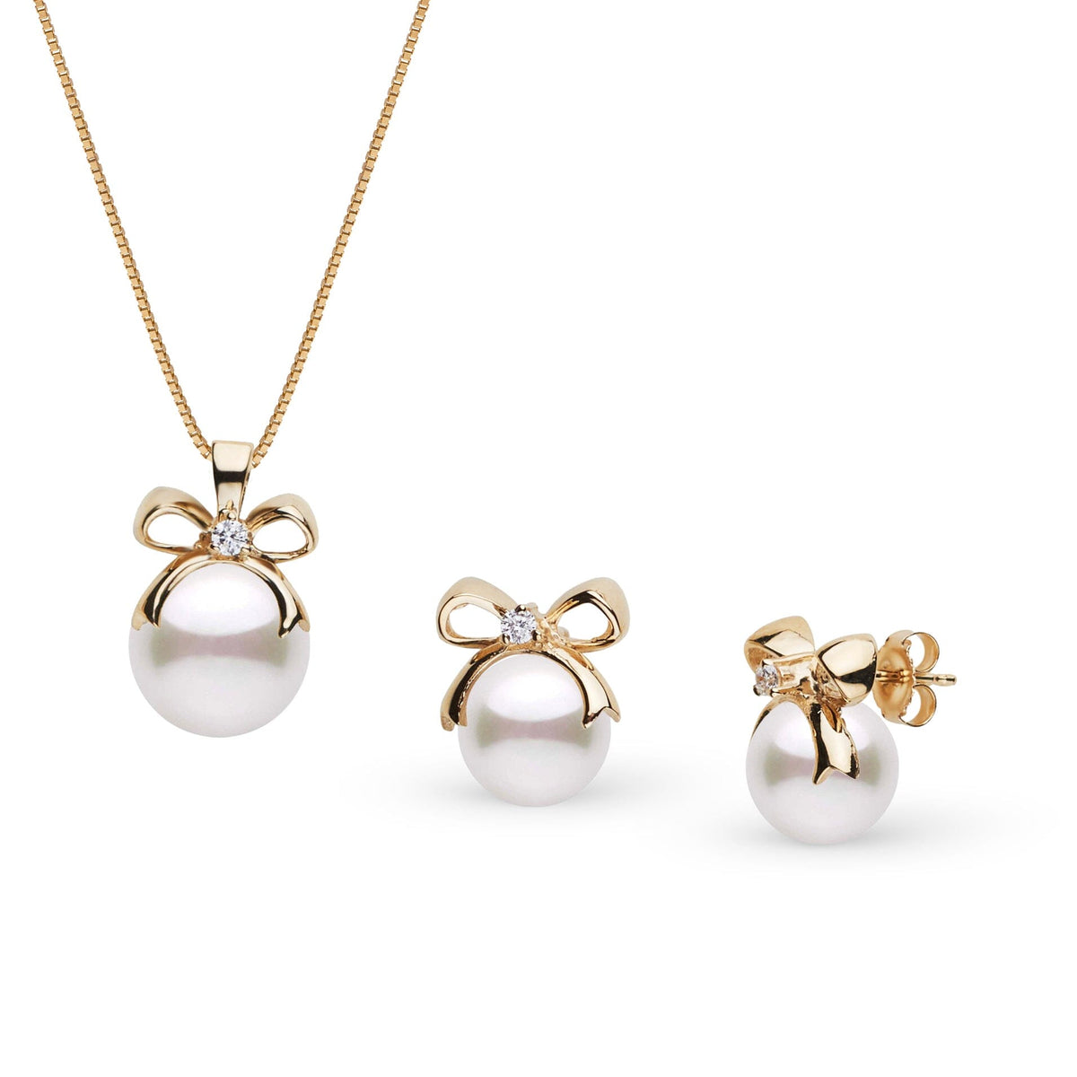 Perfect Gift Collection 7.0-9.0 mm Akoya Pearl and Diamond Pendant and Earrings Set featuring white Akoya pearls with gold bow designs and diamond accents.