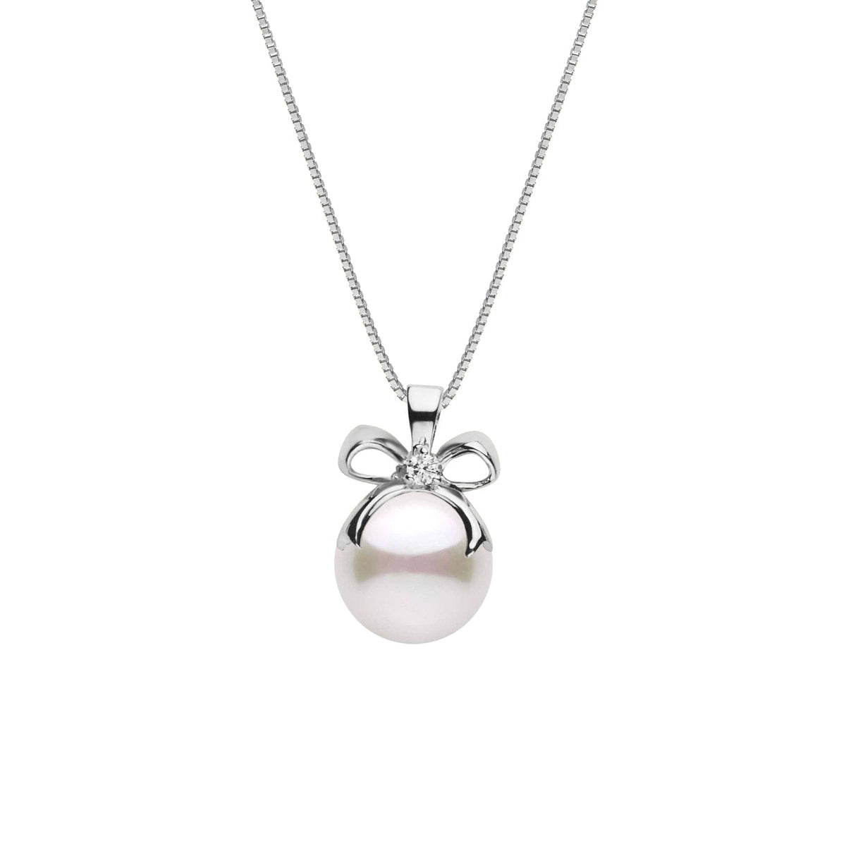 Perfect Gift Collection 8.5-9.0 mm Akoya Pearl and Diamond Pendant featuring a white cultured pearl accented with a small diamond and a 14K white gold bow on a delicate chain.