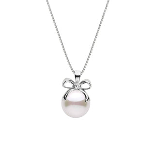 Perfect Gift Collection 8.5-9.0 mm Akoya Pearl and Diamond Pendant featuring a white cultured pearl accented with a small diamond and a 14K white gold bow on a delicate chain.