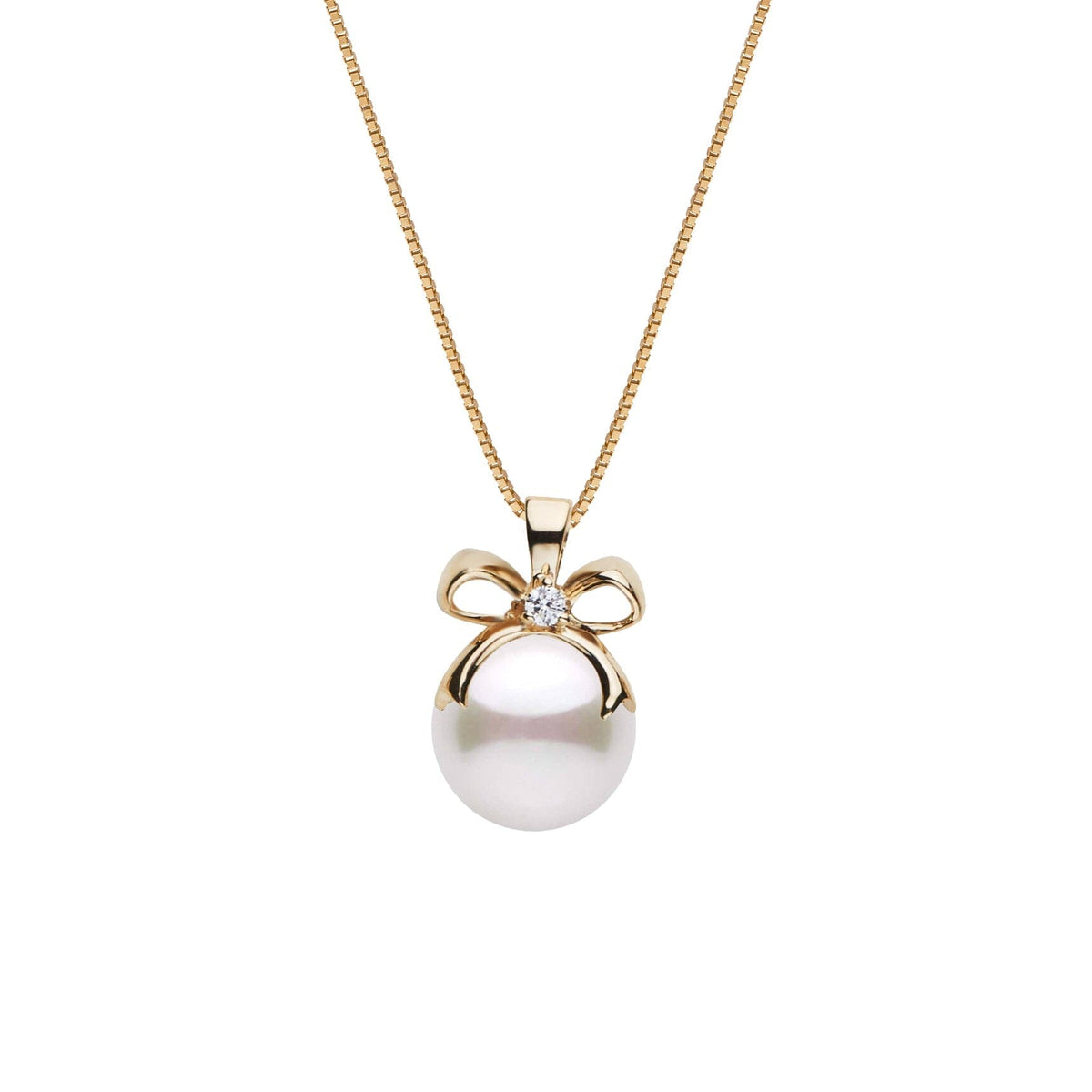 Perfect Gift Collection 8.5-9.0 mm Akoya Pearl and Diamond Pendant featuring a lustrous white pearl with a diamond-accented gold bow on a delicate gold chain.