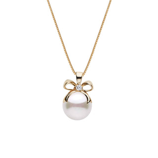 Perfect Gift Collection 8.5-9.0 mm Akoya Pearl and Diamond Pendant featuring a lustrous white pearl with a diamond-accented gold bow on a delicate gold chain.