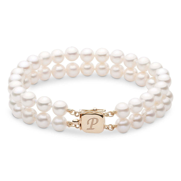 Personalized 7.5-8.0 mm AAA White Freshwater Pearl Double Strand Square Clasp Bracelet with lustrous pearls and a gold square clasp engraved with the letter P.