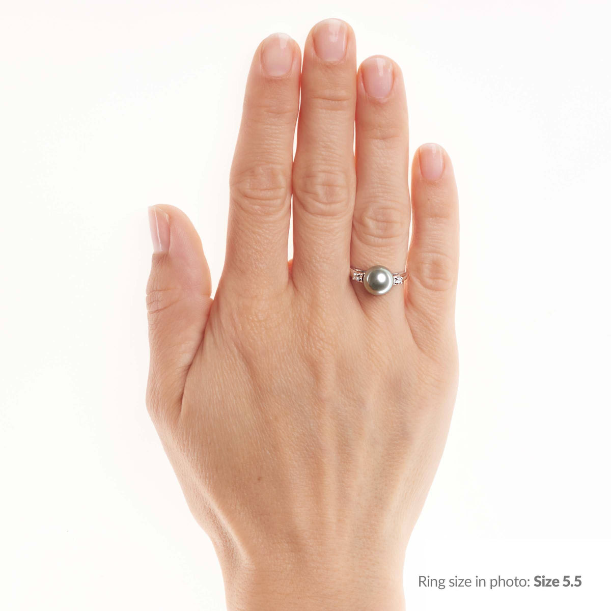 Promise Collection 8.0-9.0 mm Tahitian Pearl and Diamond Ring worn on a hand, featuring a dark Tahitian pearl centerpiece with diamond accents on a 14K white gold band.