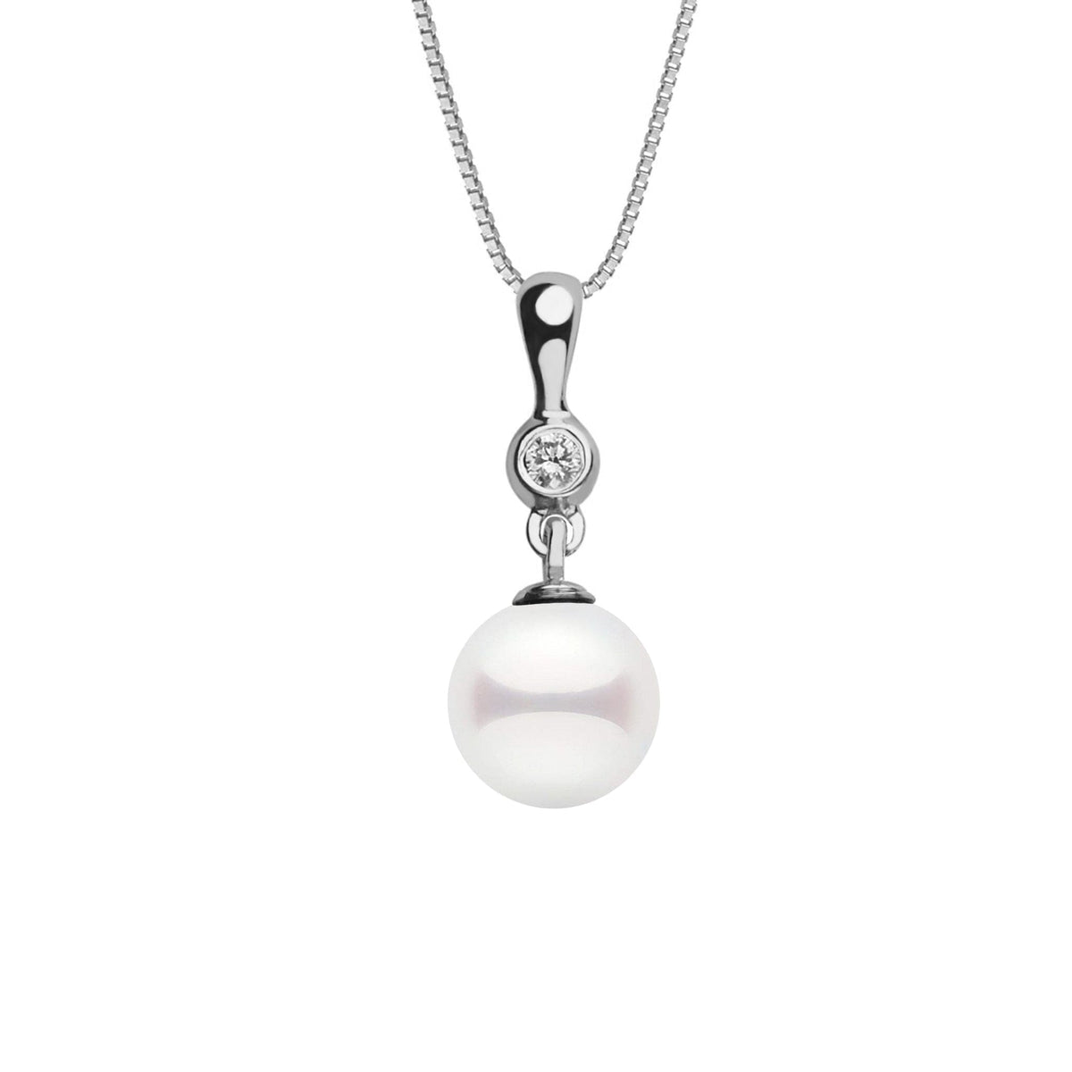 7.0-7.5 mm Akoya Pearl and Diamond Romantic Collection Pendant featuring a lustrous white akoya pearl suspended from a delicate 14K white gold chain with a sparkling diamond accent.