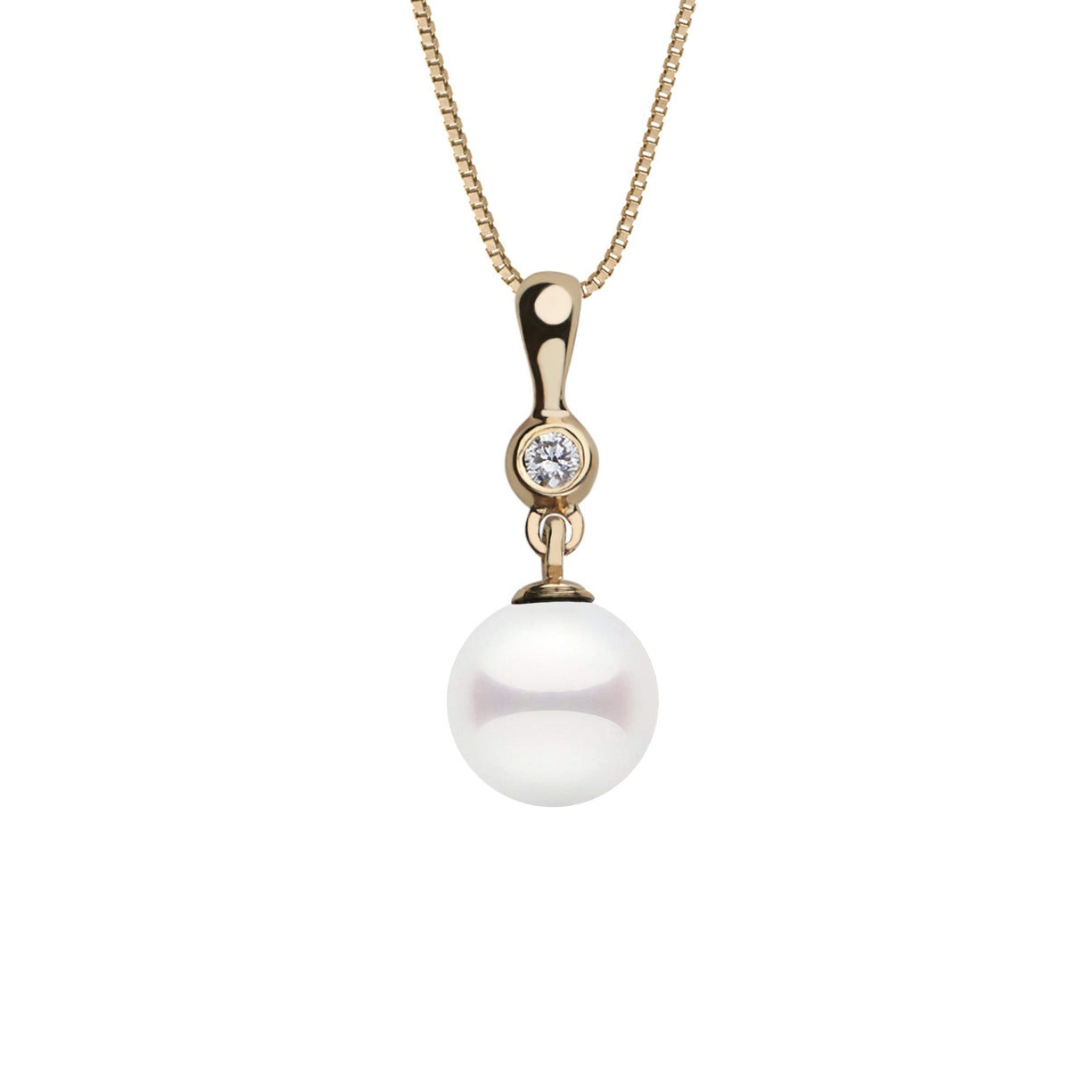 7.0-7.5 mm Akoya Pearl and Diamond Romantic Collection Pendant featuring a lustrous white Akoya pearl and a sparkling diamond set in elegant yellow gold.