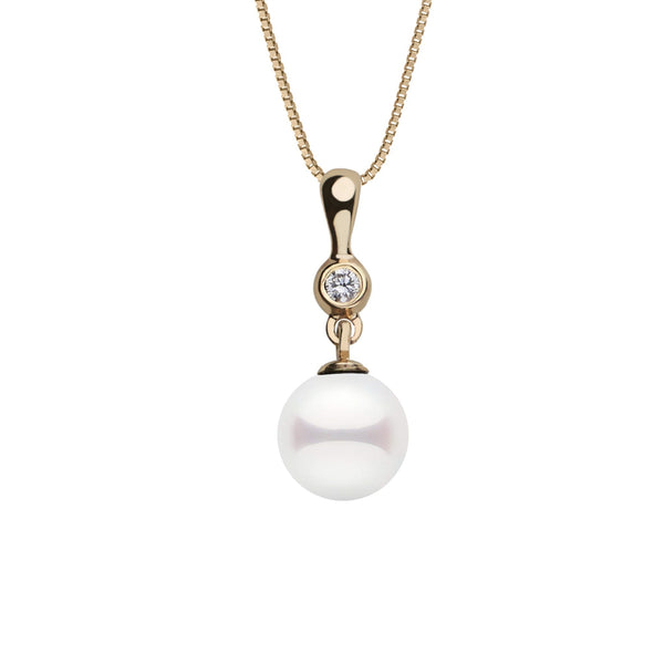 7.0-7.5 mm Akoya Pearl and Diamond Romantic Collection Pendant featuring a lustrous white Akoya pearl and a sparkling diamond set in elegant yellow gold.