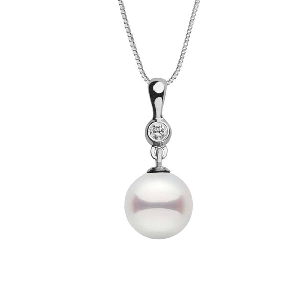 7.5-8.0 mm Akoya Pearl and Diamond Romantic Collection Pendant featuring a lustrous white akoya pearl accented with a sparkling diamond on a delicate white gold chain.