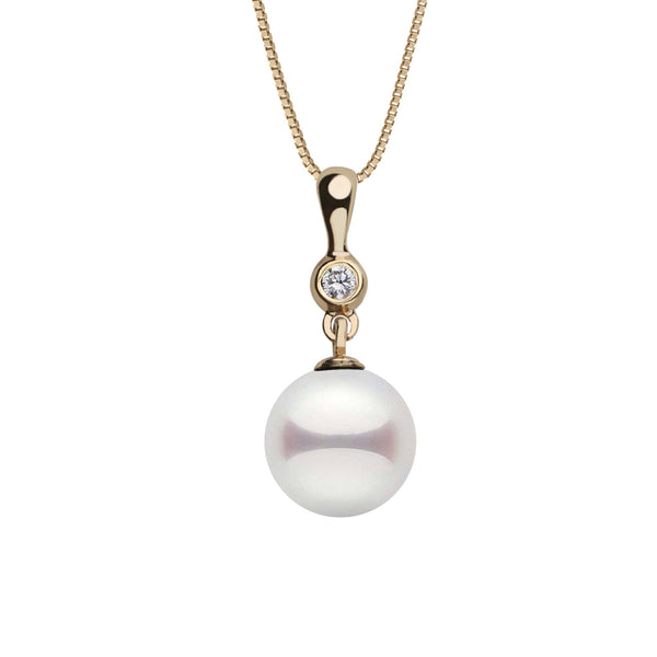 Elegant 8.0-8.5 mm Akoya Pearl and Diamond Romantic Collection Pendant featuring a lustrous white akoya pearl suspended from a delicate yellow gold chain with a sparkling diamond accent.