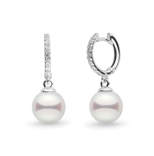 Diamond Small Hoop Collection 8.0-8.5 mm Akoya Pearl Earrings featuring white Akoya pearls suspended from small 14K white gold hoops encrusted with sparkling diamonds.