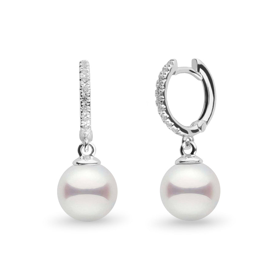 Diamond Small Hoop Collection 8.0-8.5 mm Akoya Pearl Earrings featuring white Akoya pearls suspended from small 14K white gold hoops encrusted with sparkling diamonds.