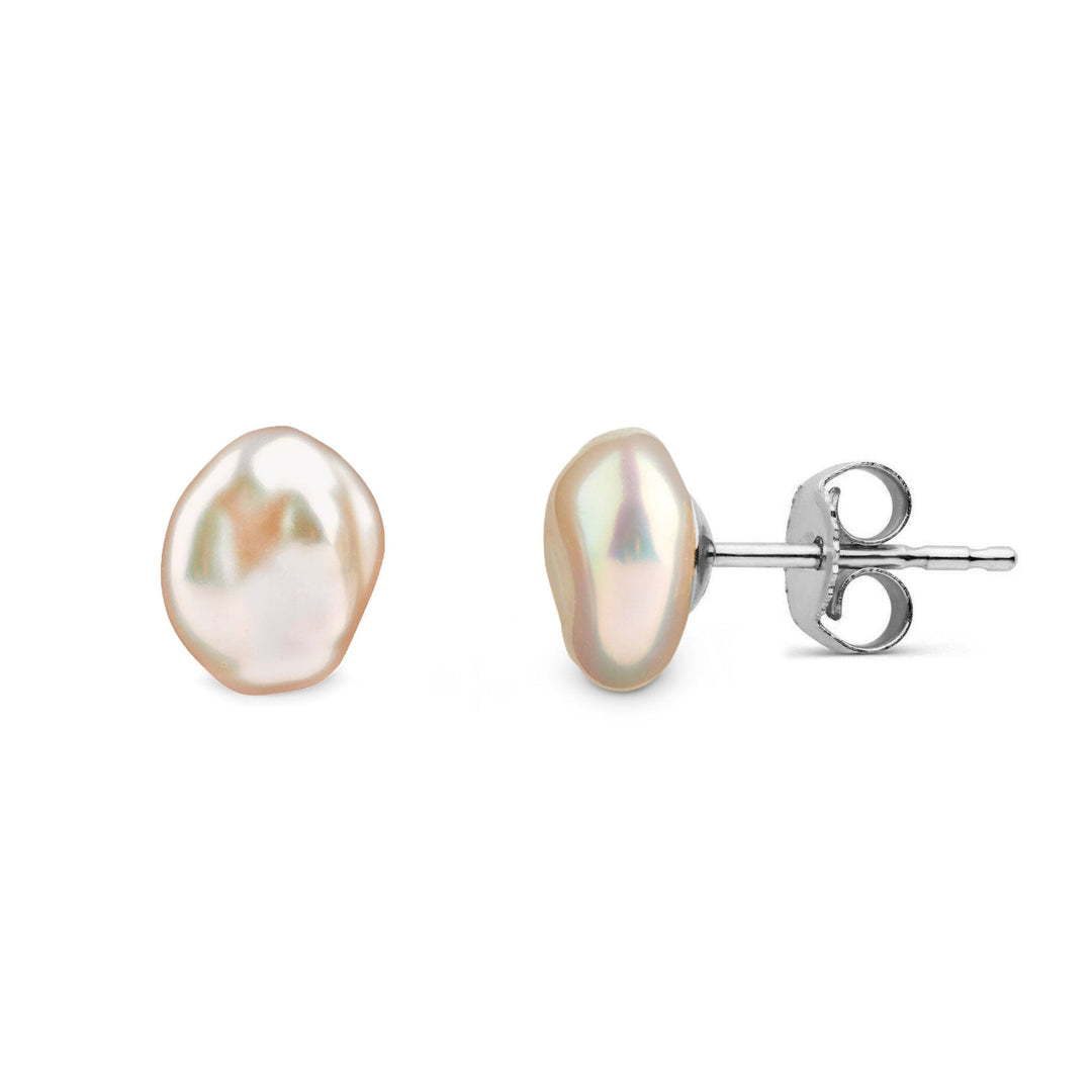 6.0-7.0 mm Keshi Pink to Peach Freshwater Pearl Stud Earrings White Gold