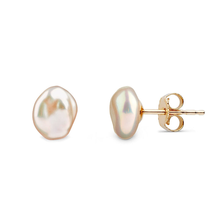 6.0-7.0 mm Keshi Pink to Peach Freshwater Pearl Stud Earrings yellow gold