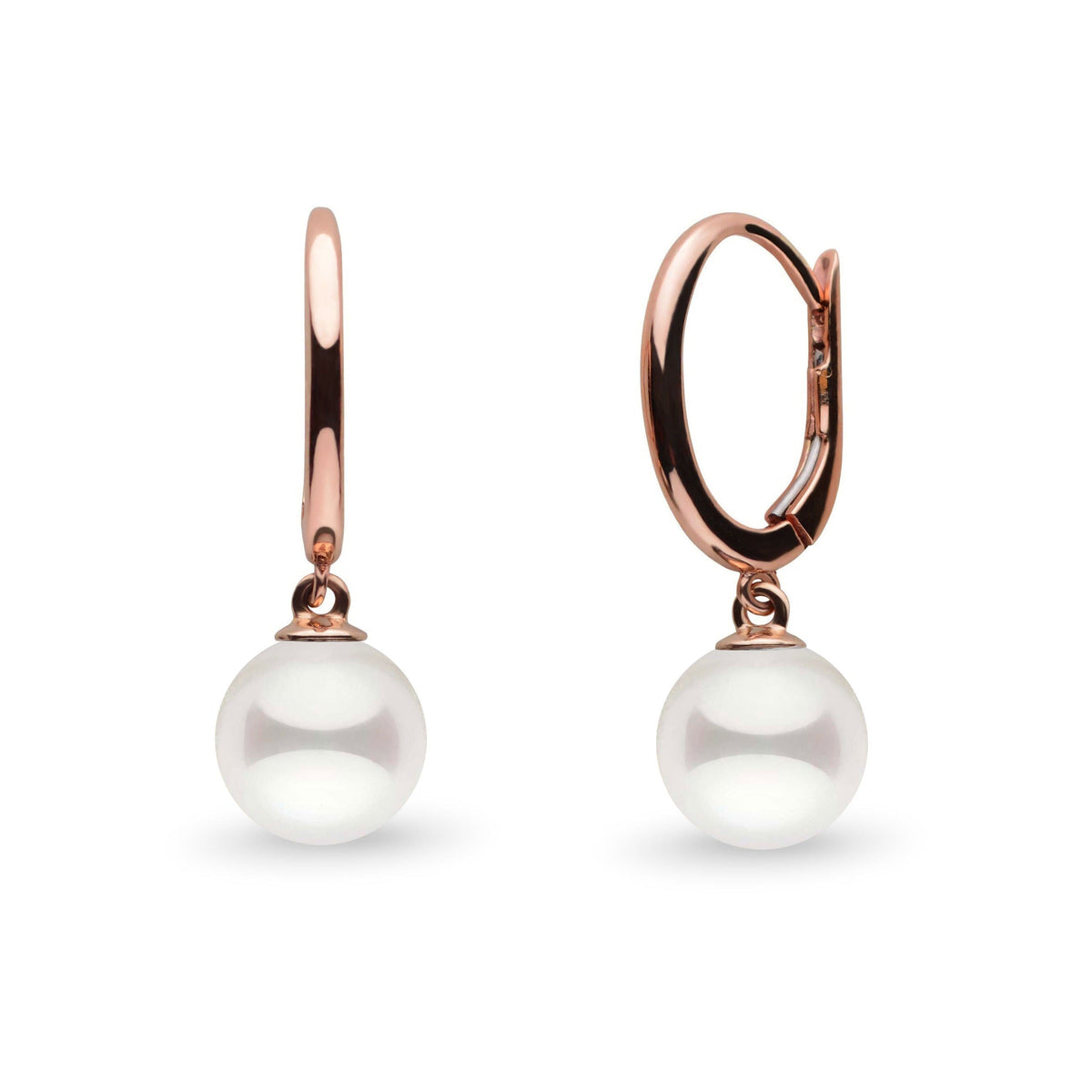 Solid Eternal Collection White Akoya 6.5-7.0 mm Pearl Dangle Earrings featuring lustrous white akoya pearls suspended from rose gold hoop earrings, elegant and timeless.
