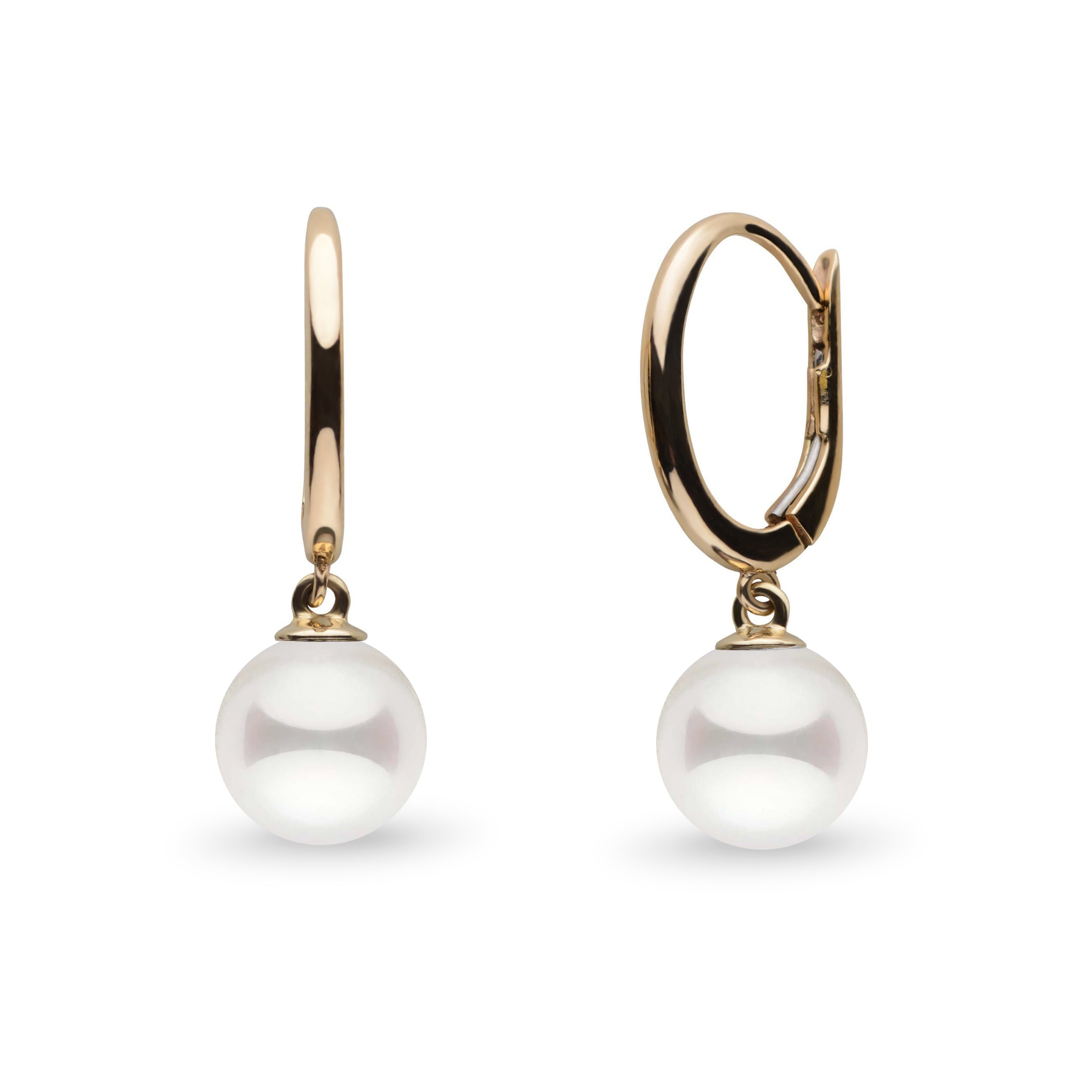 Solid Eternal Collection White Akoya 6.5-7.0 mm Pearl Dangle Earrings in yellow gold
