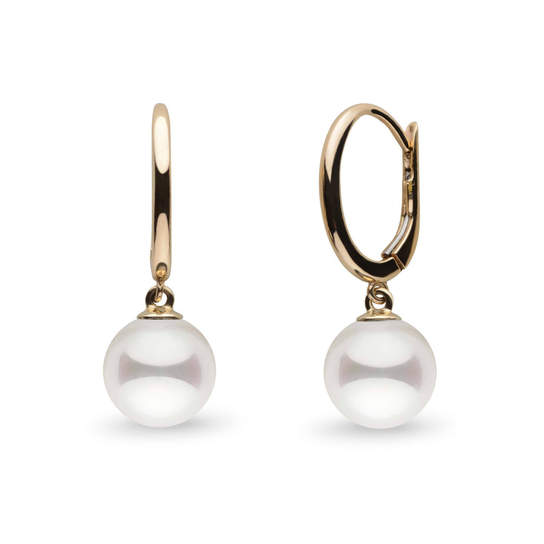 Solid Eternal Collection White Akoya 7.0-7.5 mm Pearl Dangle Earrings in 14k yellow gold