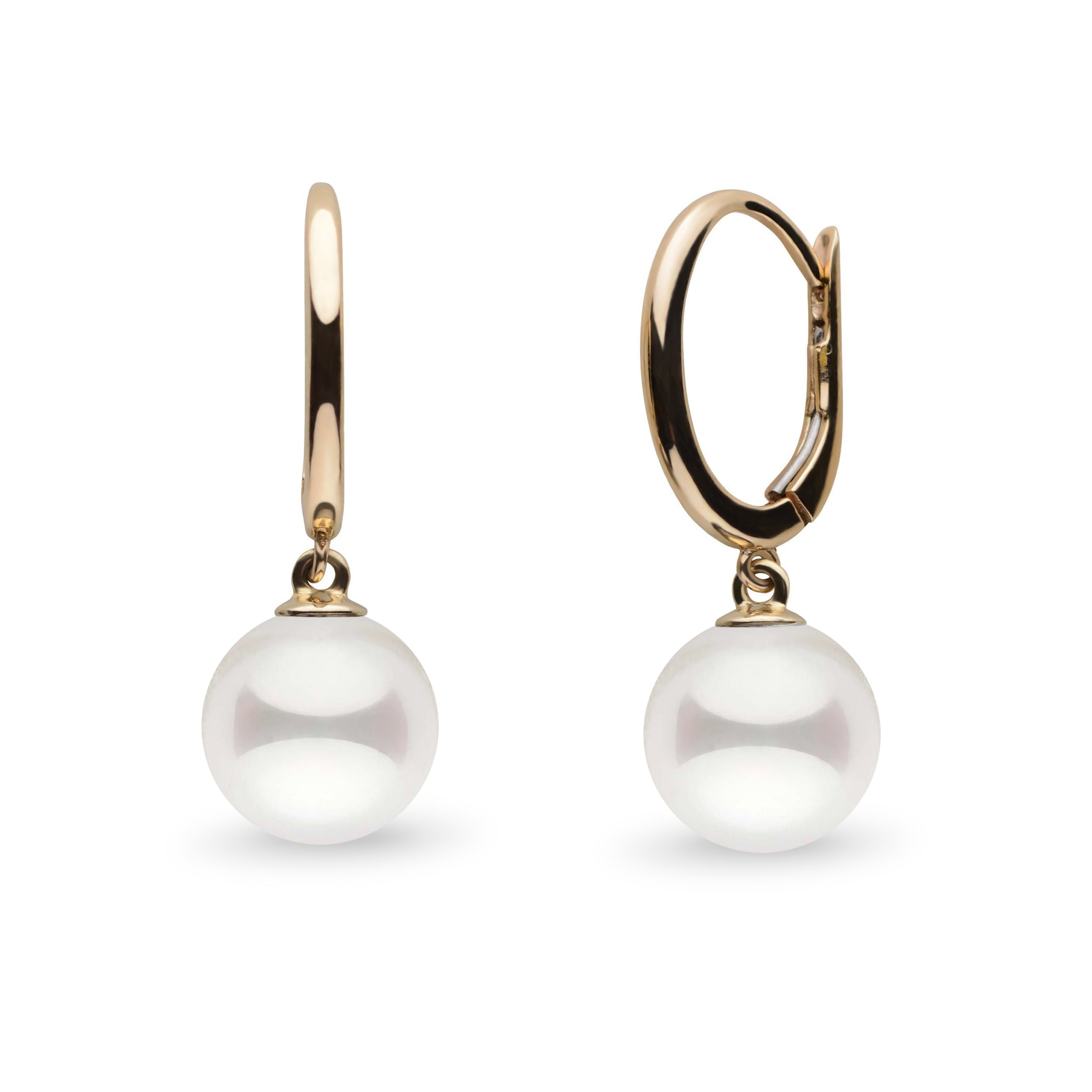 Solid Eternal Collection White Akoya 7.5-8.0 mm Pearl Dangle Earrings yellow gold