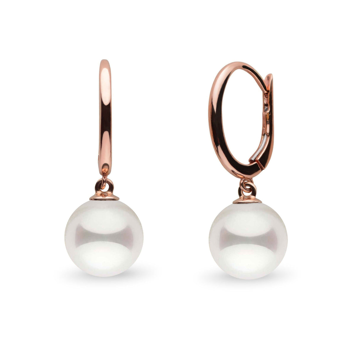 Solid Eternal Collection White Akoya 8.5-9.0 mm Pearl Dangle Earrings with elegant rose gold hoops showcasing lustrous white akoya pearls, perfect for timeless sophistication.