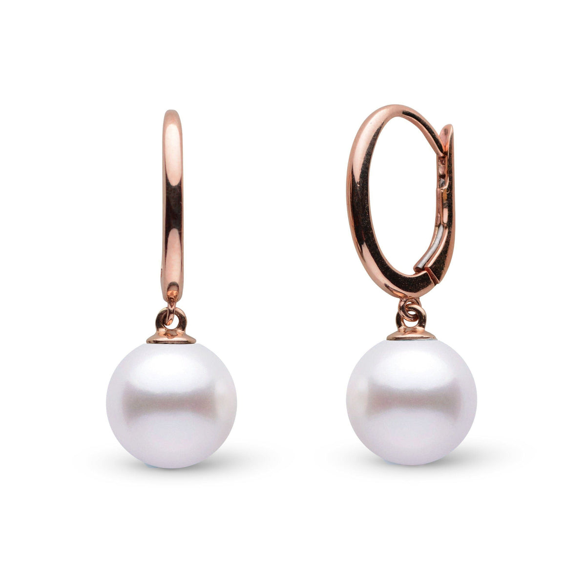 Solid Eternal Collection White Akoya 8.0-8.5 mm Pearl Dangle Earrings featuring lustrous white Akoya pearls set on elegant rose gold hoops.