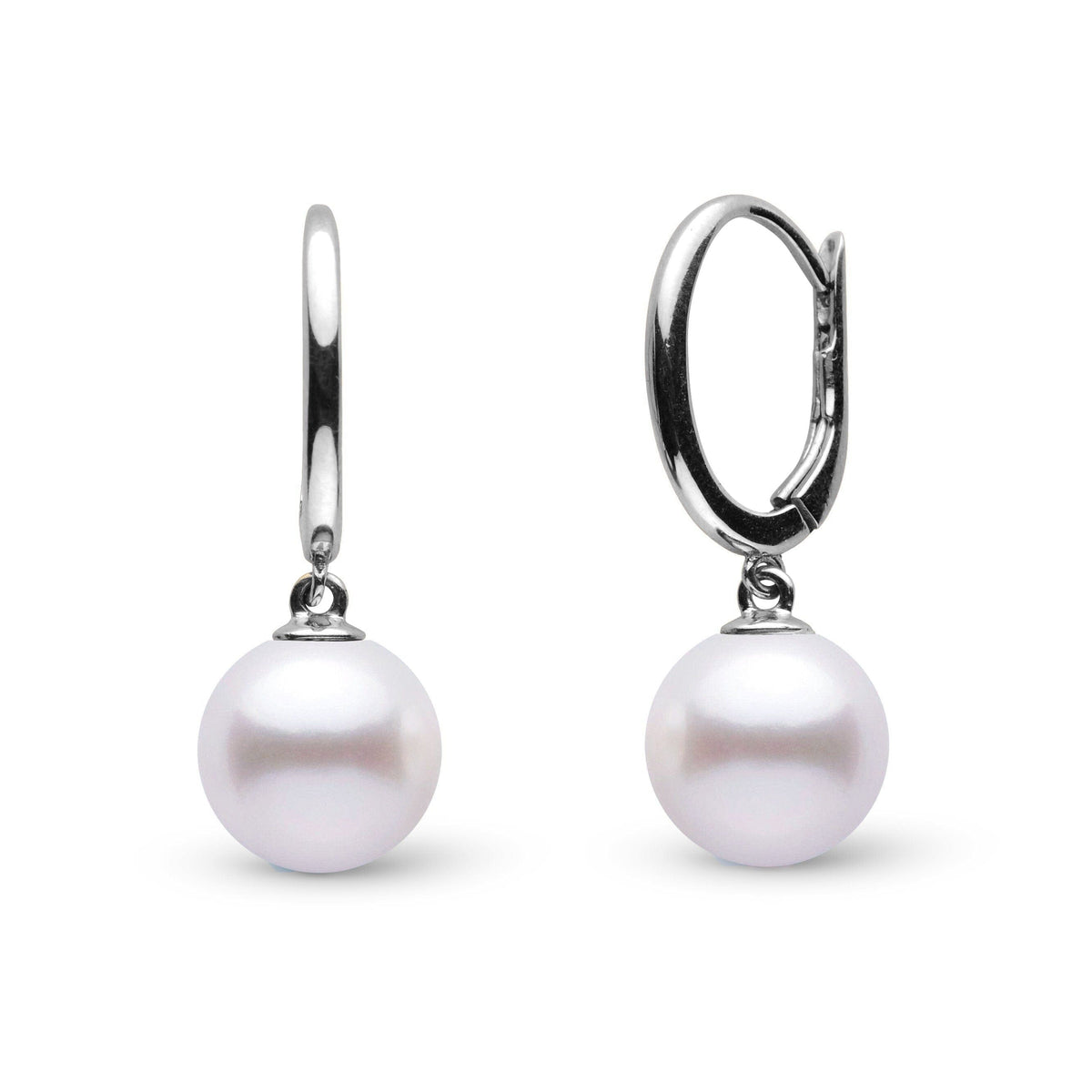Solid Eternal Collection White Akoya 8.0-8.5 mm Pearl Dangle Earrings featuring lustrous white akoya pearls on sleek 14K white gold hoops, elegant cultured pearl jewelry for timeless style.
