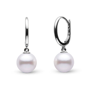 Solid Eternal Collection White Akoya 8.0-8.5 mm Pearl Dangle Earrings featuring lustrous white akoya pearls on sleek 14K white gold hoops, elegant cultured pearl jewelry for timeless style.