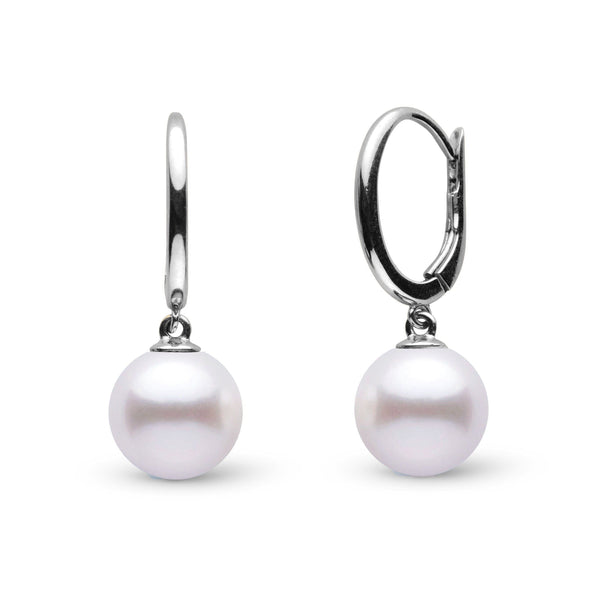 Solid Eternal Collection White Akoya 8.0-8.5 mm Pearl Dangle Earrings featuring lustrous white akoya pearls on sleek 14K white gold hoops, elegant cultured pearl jewelry for timeless style.