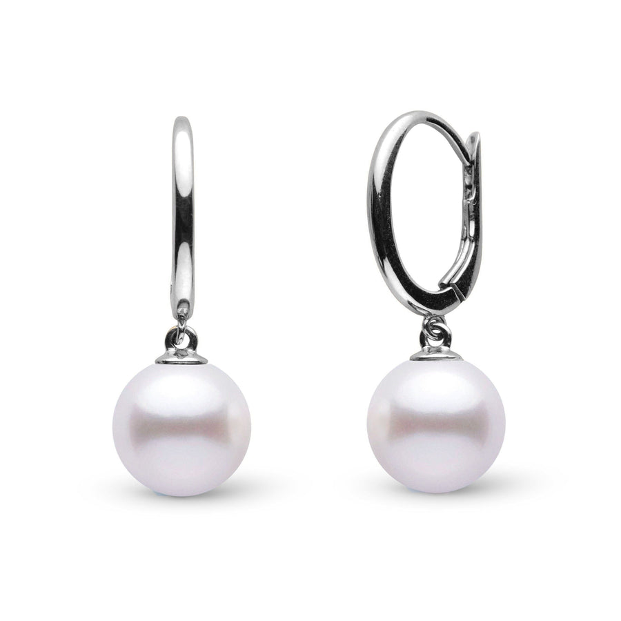 Solid Eternal Collection White Akoya 8.0-8.5 mm Pearl Dangle Earrings featuring lustrous white akoya pearls on sleek 14K white gold hoops, elegant cultured pearl jewelry for timeless style.