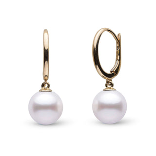 Solid Eternal Collection White Akoya 8.0-8.5 mm Pearl Dangle Earrings featuring lustrous white Akoya pearls suspended from elegant gold hoops.