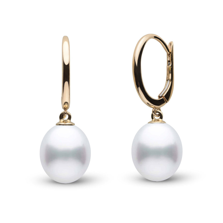 Solid Eternal Collection 9.0-10.0 mm White South Sea Drop Pearl Earrings Yellow Gold