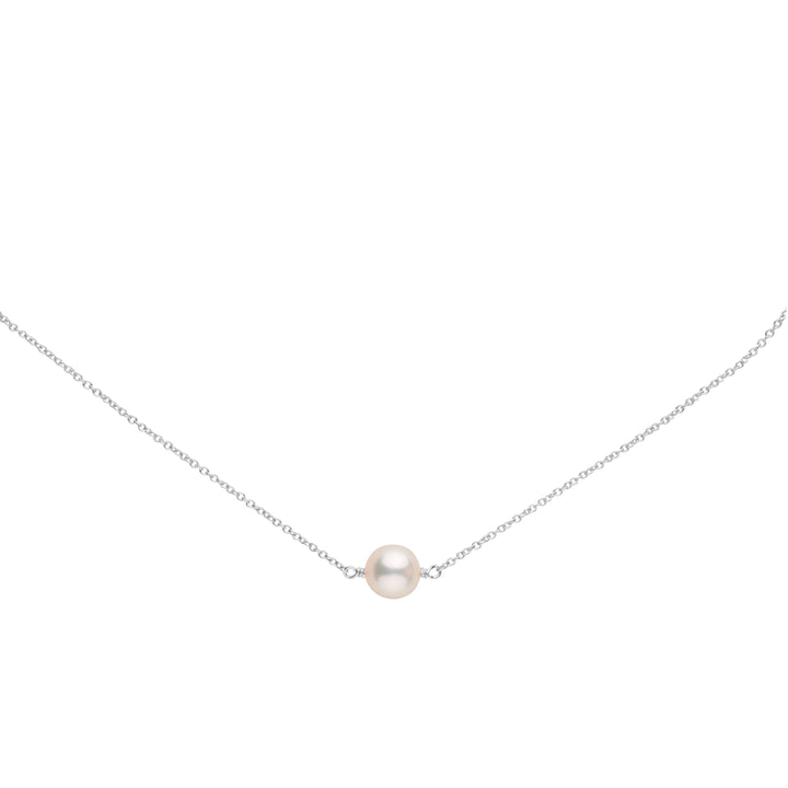 Elegant 8.5-9.0 mm Akoya Pearl Solitaire Pendant featuring a single lustrous white cultured pearl on a delicate white gold chain, perfect for classic and refined style.