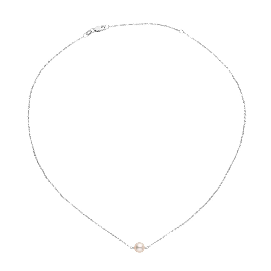 Delicate white pearl set on a fine white gold chain, showcasing the elegant 8.5-9.0 mm Akoya Pearl Solitaire Pendant with a luminous finish and classic design.