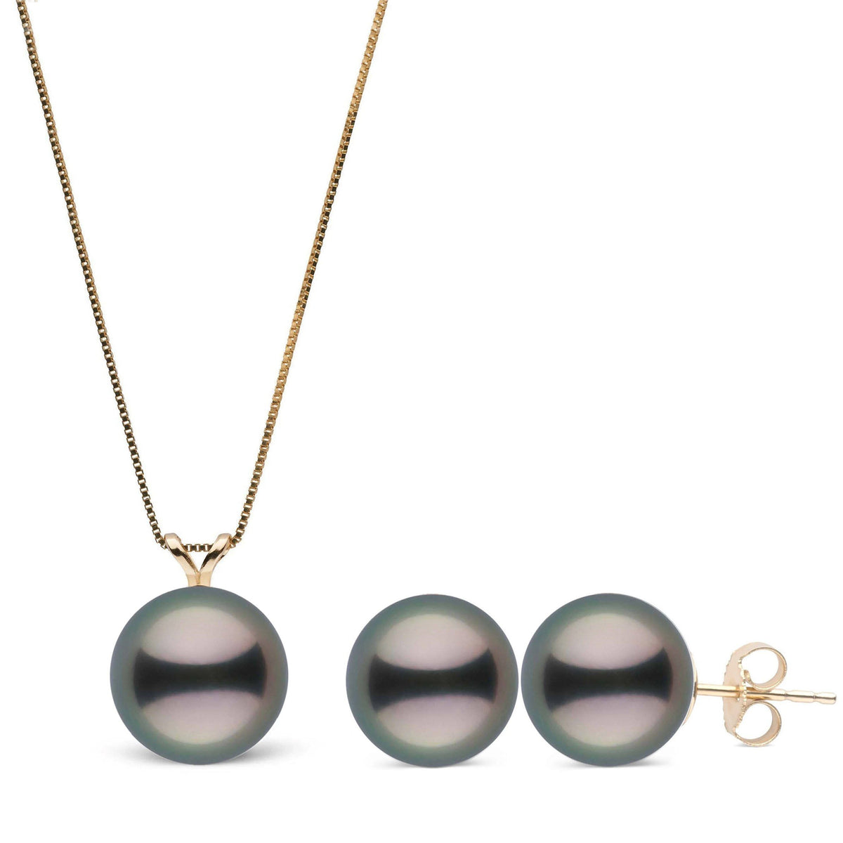 Unity Collection 9.0-10.0 mm Tahitian Pearl Pendant & Stud Earrings Set featuring round black Tahitian pearls on a delicate yellow gold chain and matching stud earrings.